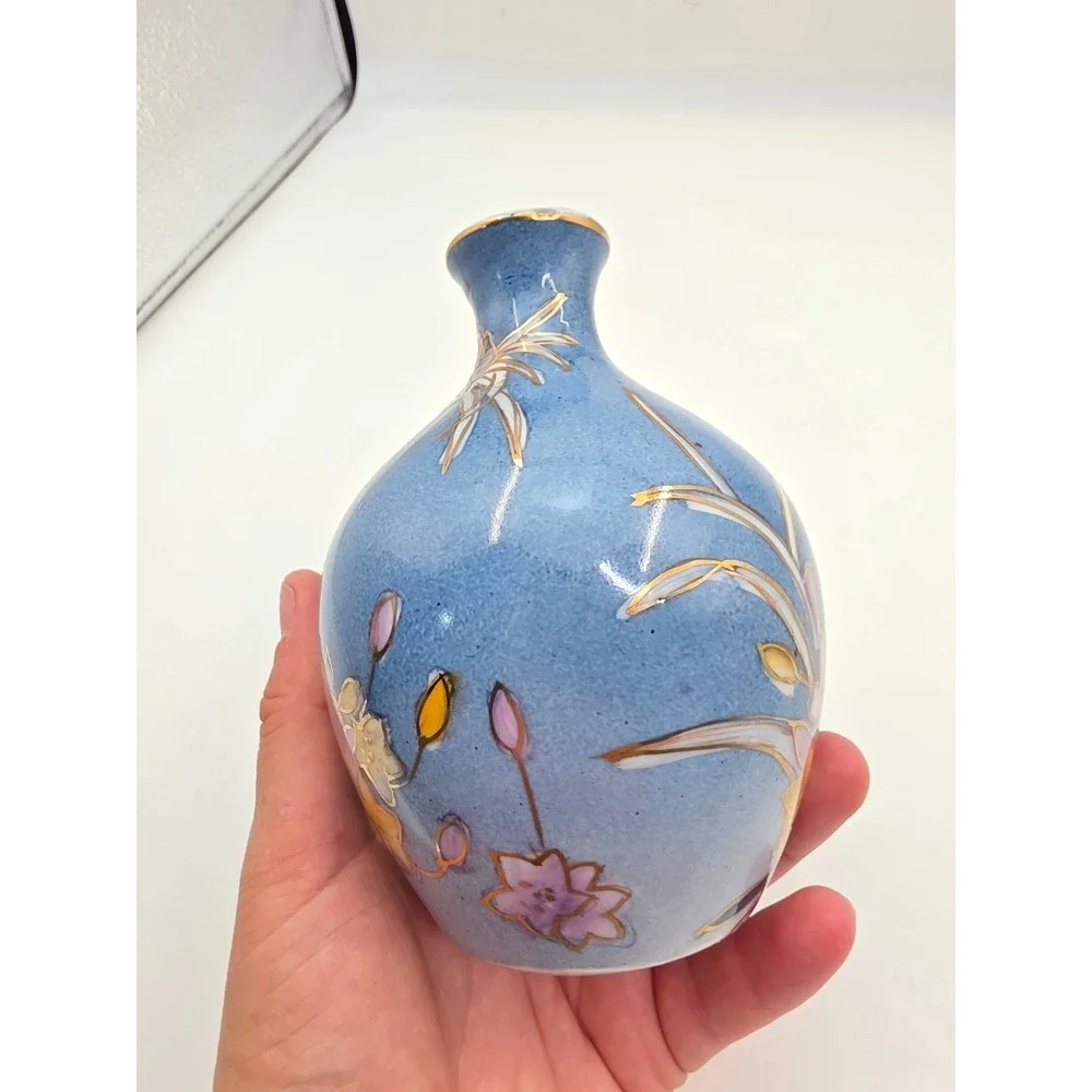 Tri Ever Hand Painted Porcelain Bud Vase Blue Floral Gold Gilt Small 5 Inch N3